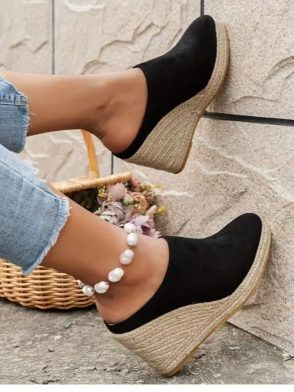 Espadrille Black Wedge Slip On Shoes